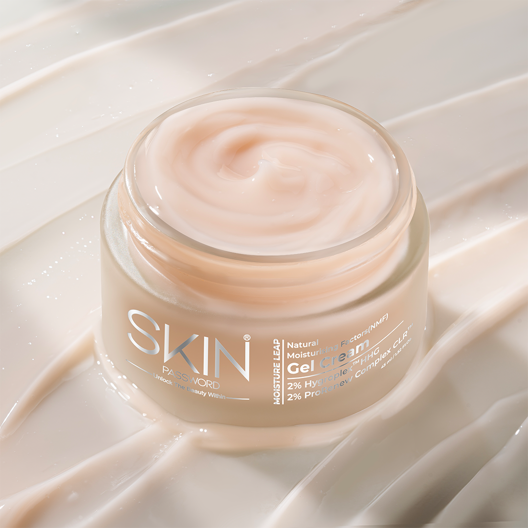 An open jar of SkinPassword MoistureLeap Gel Cream placed on swirled layers of cream